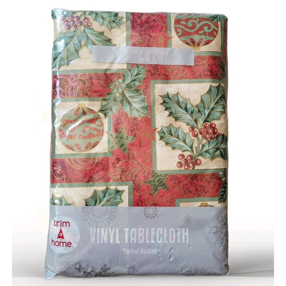 Vintage New Old Stock Kmart Christmas‎ Vinyl Tablecloth Poinsettia Ornaments Red